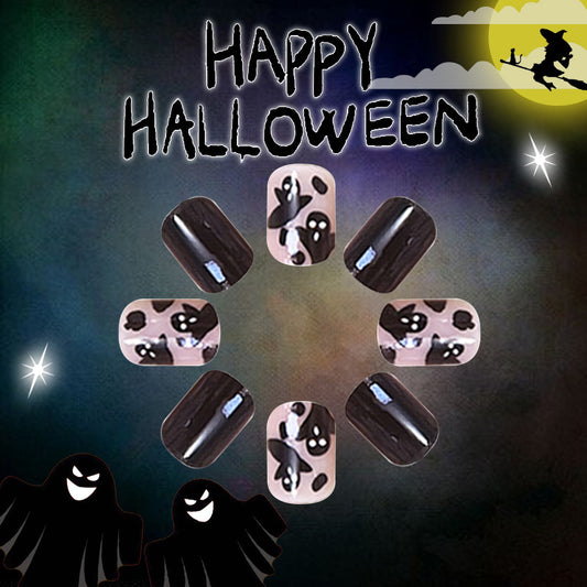 Spooky Soiree Short Square Black and Beige Press On Nails with Ghostly Cat Accents