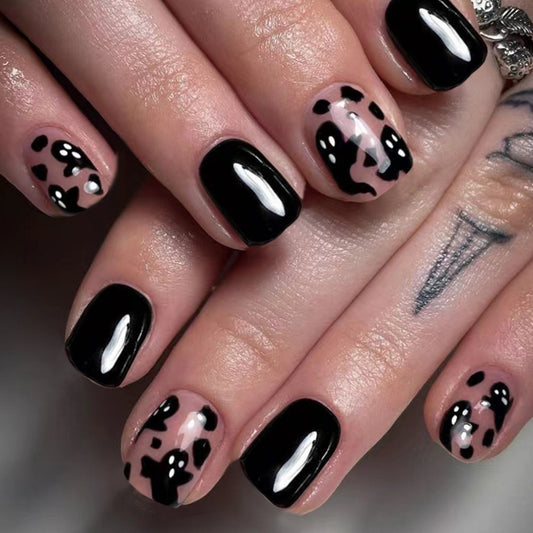 Catwalk Chic Short Square Black Press On Nail Set with Pink Paw Print Accents