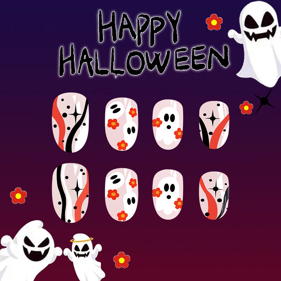 Spooky Elegance Medium Oval Ghostly White Press On Nails with Floral Accents and Playful Halloween Design