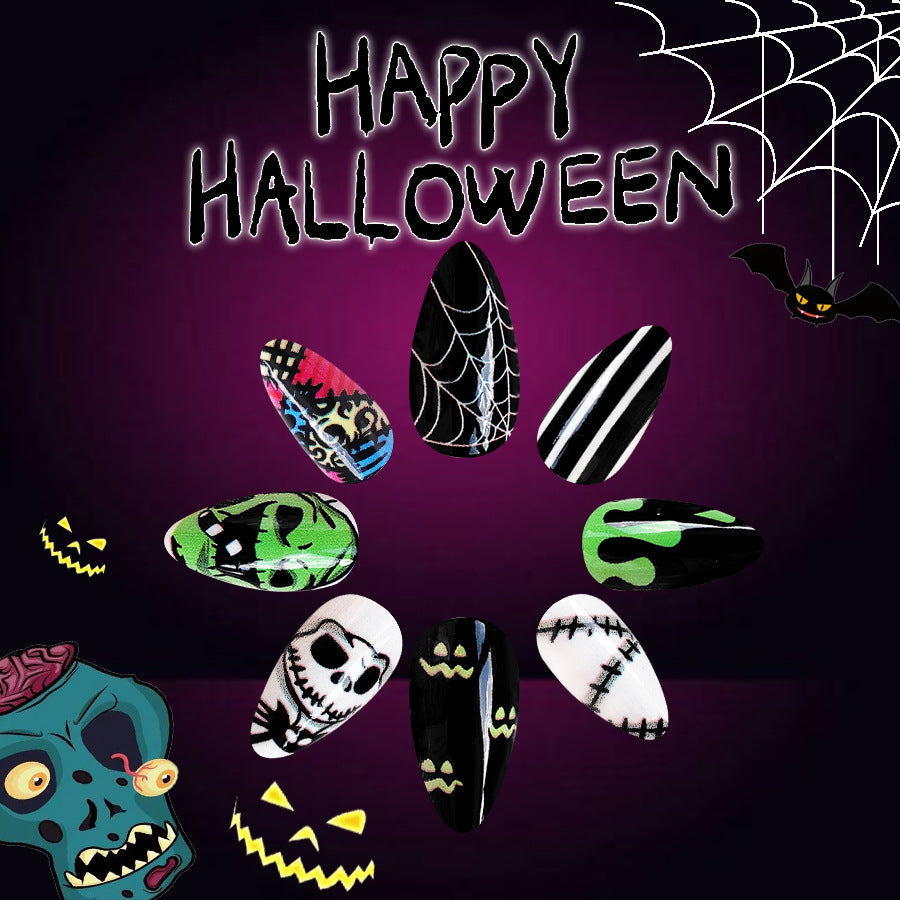 Spooky Elegance Long Oval Multicolor Press On Nail Set With Halloween Patterns