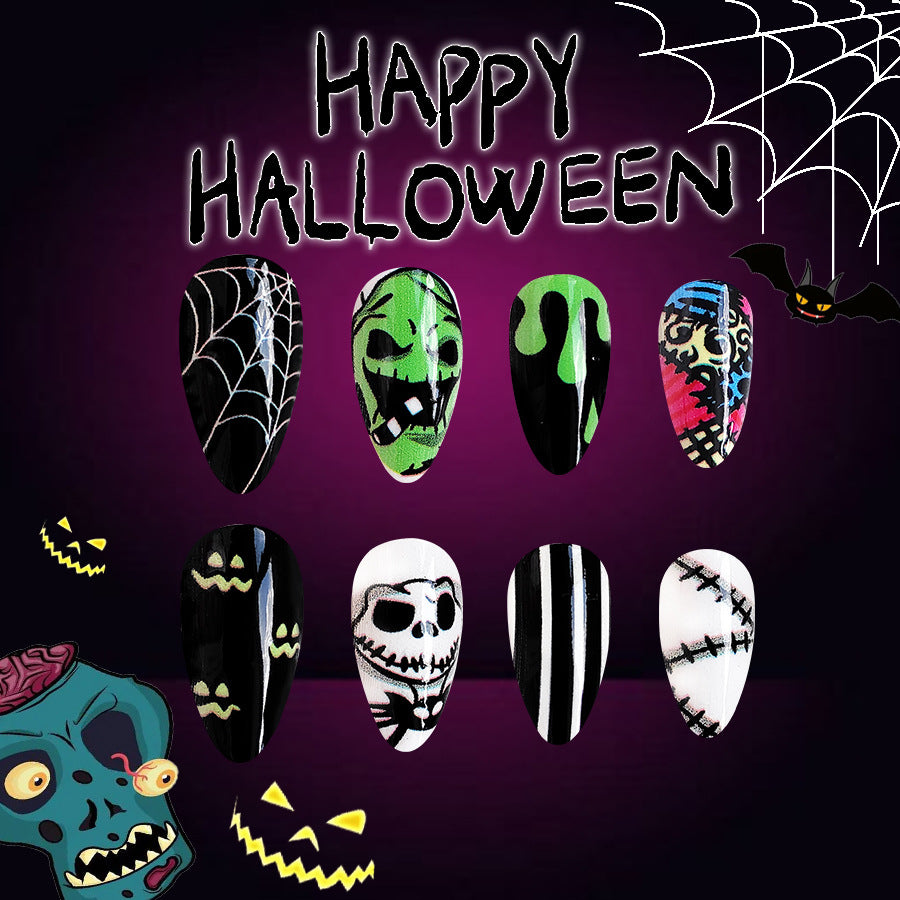 Spooky Elegance Long Oval Multicolor Halloween Themed Press On Nail Set With Glow In The Dark Accents