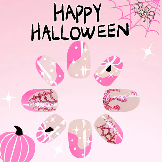 Enchanted Halloween Medium Oval Pink Glitter Spiderweb Press On Nail Set