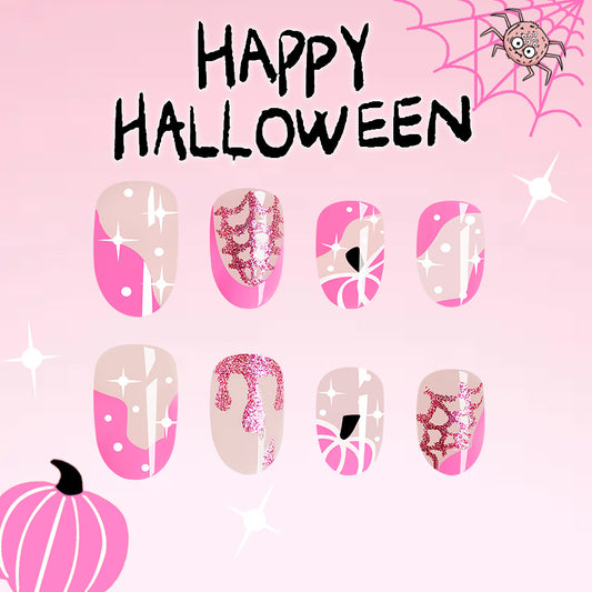 Enchanted Halloween Medium Oval Pink Glittery Spiderweb Press On Nail Set