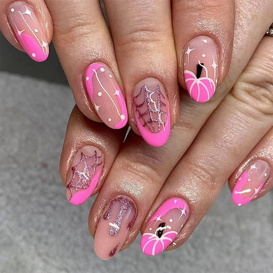 Enchanted Pink Flamingo Long Oval Press On Nail Set with Sparkling Accents and Sheer Pink Color