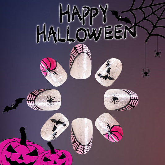 Spooky Elegance Long Oval Beige Press On Nails with Spider and Web Accents