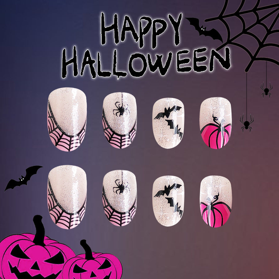 Spooky Elegance Long Oval Beige Press On Nail Set with Halloween Accents and Glitter Highlights