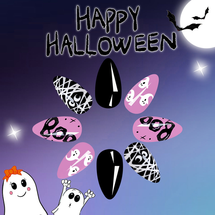 Spooky Elegance Long Oval Black and Pink Halloween Ghost-Themed Press On Nail Set with Intricate Patterns