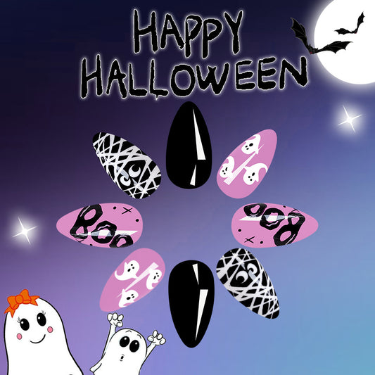 Spooky Elegance Long Oval Black and Pink Halloween Ghost-Themed Press On Nail Set with Intricate Patterns