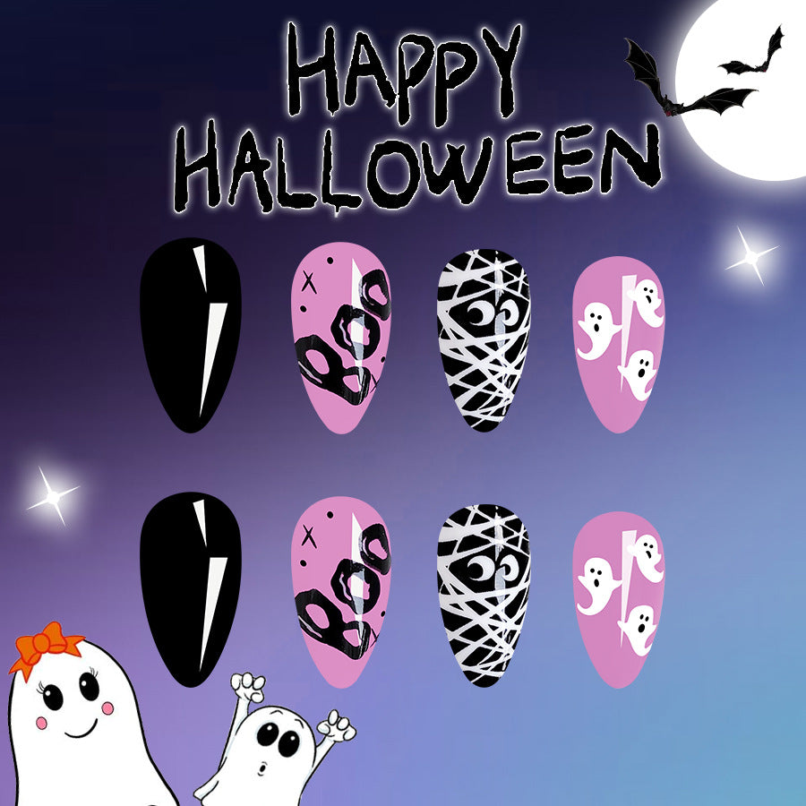Spooky Elegance Long Oval Press On Nail Set in Black, Pink, and White with Ghost and Web Accents Halloween Manicure Kit