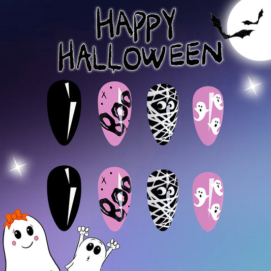 Spooky Elegance Long Oval Press On Nail Set in Black, Pink, and White with Ghost and Web Accents Halloween Manicure Kit