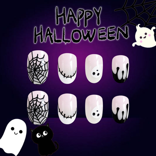 Spooky Elegance Long Oval Pastel Pink Halloween Themed Press On Nail Set with Ghosts and Spider Web Art Design