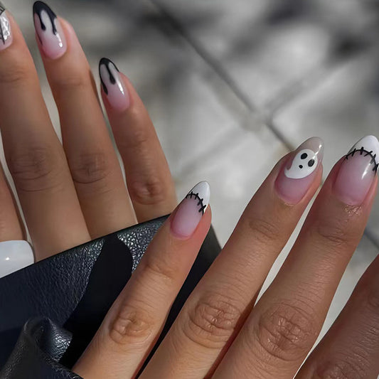 Spooky Elegance Long Stiletto Black and White Ombre Press On Nail Set with Halloween Accents