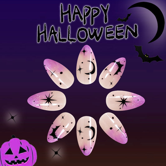 Enchanted Evening Long Almond Pastel Purple Press On Nails with Halloween Motifs