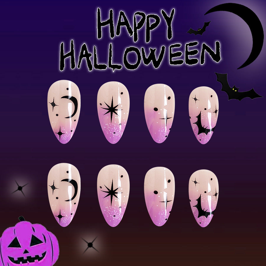 Spooky Elegance Long Almond Pastel Pink Glittery Starburst Press On Nail Set for Halloween