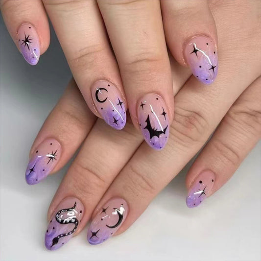 Enchanted Evening Long Almond Lavender Press On Nail Set with Celestial Accents