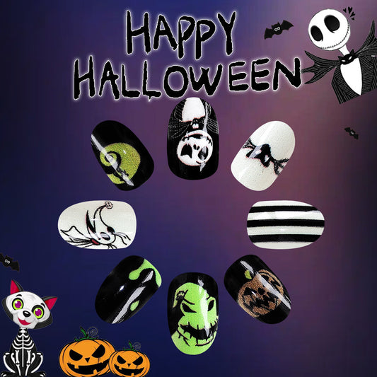 Spooky Elegance Long Oval Black And White Press On Nail Set With Halloween Themed Designs