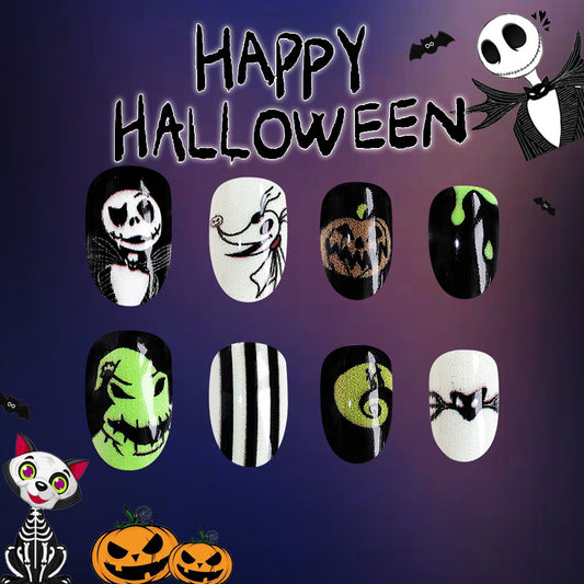 Spooky Halloween Themed Long Oval Black And White Press On Nails With Glow In The Dark Accents