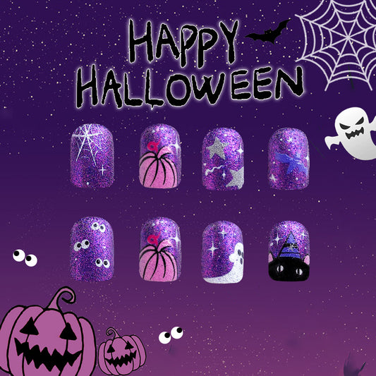 Spooky Elegance Short Square Purple Glitter Halloween Press On Nail Set with Ghost, Pumpkin, and Spider Web Designs