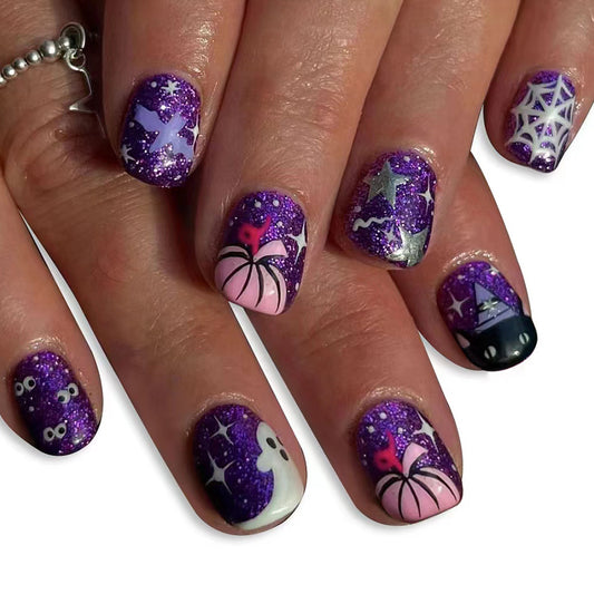 Enchanted Halloween Short Length Square Press On Nails in Purple with Glitter Accents and Spooky Patterns
