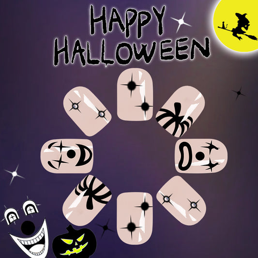 Spooky Halloween Short Oval Pink and Black Press On Nail Set with Creepy Designs