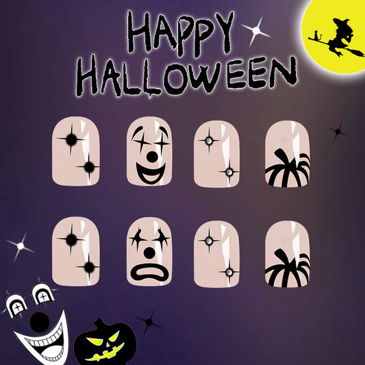 Spooky Halloween Short Oval Press On Nail Set Beige Black Icons with Glitter Accents