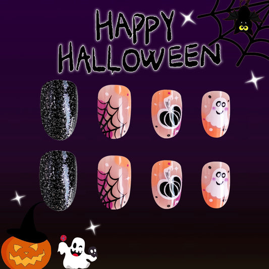 Spooky Halloween Medium Oval Orange and Black Glitter Press On Nail Set with Ghost and Spider Web Designs