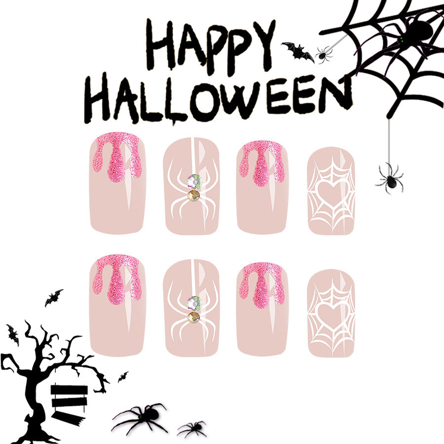Spooky Halloween Medium Square Pink Glitter and Spider Press On Nail Set with Unique Dripping Design