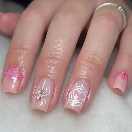 Glamorous Halloween Themed Medium Square Pink Spider and Web Press On Nail Set with Rhinestone Accents