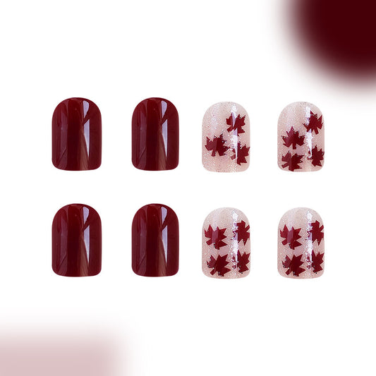Autumn Elegance Short Square Burgundy and Clear Glitter Press On Nail Set with Maple Leaf Design