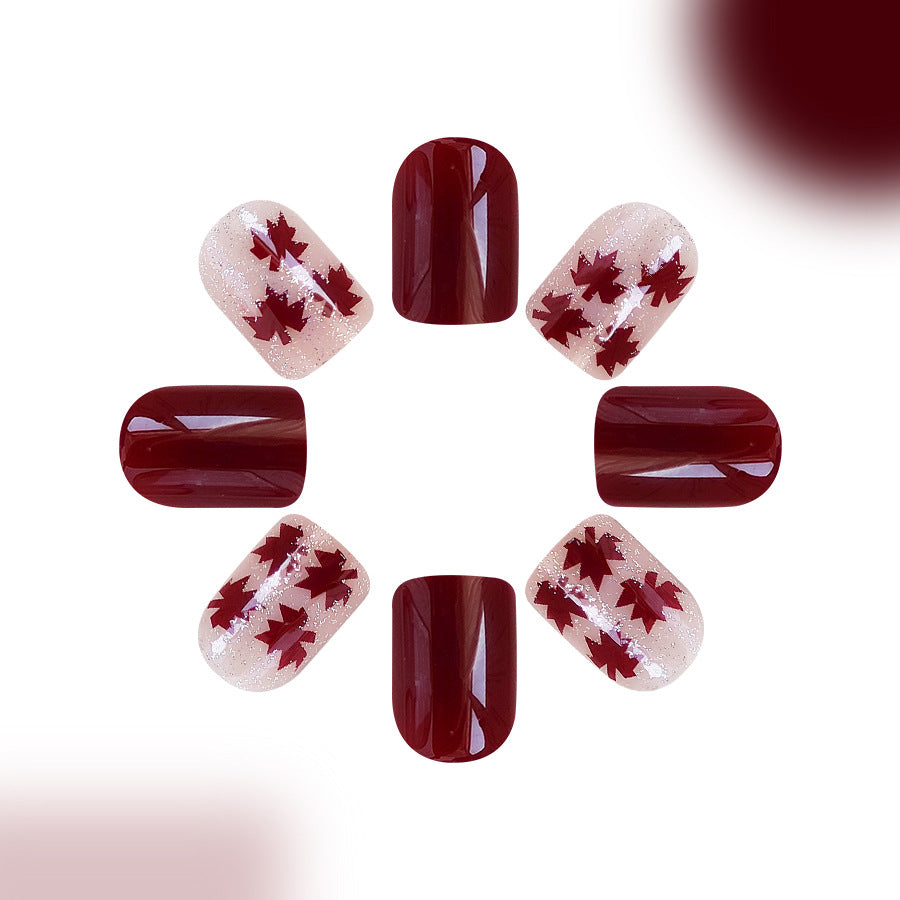 Autumn Bliss Short Square Burgundy and Glitter Leaf Press On Nail Set