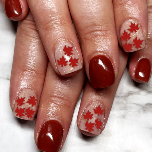 Autumn Elegance Short Square Burgundy and Sparkling Beige Press On Nail Set with Leaf Accents