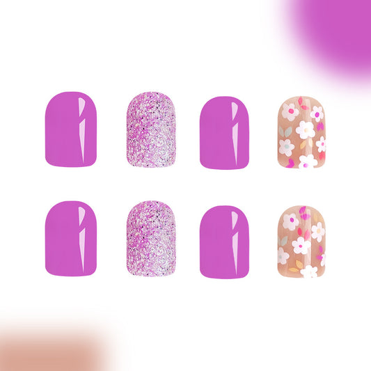 Charming Floral Delight Short Square Pink Glitter and Flower Press On Nail Set