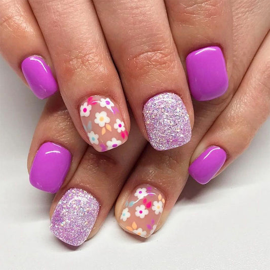 Flower Power Square Short Lavender Press On Nail Set with Glitter and Floral Designs