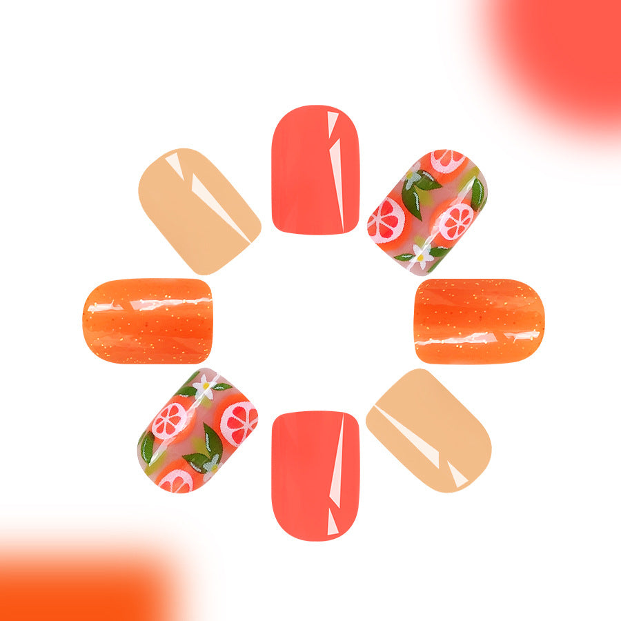 Citrus Splash Short Square Orange and Pink Press On Nail Set with Fruit Design and Glitter Accents