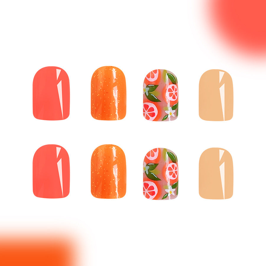 Citrus Splash Short Square Orange Pink Glossy Press On Nail Set with Floral Fruit Design
