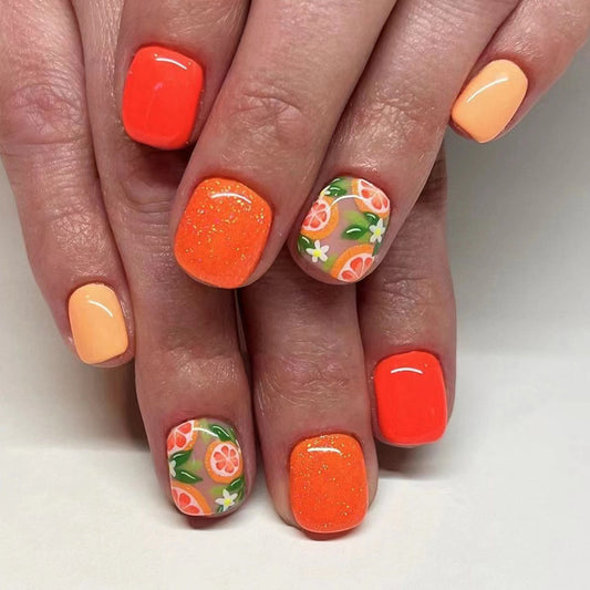 Citrus Splash Square Press On Nail Set Short Orange and Peach Nails with Fruit and Floral Design