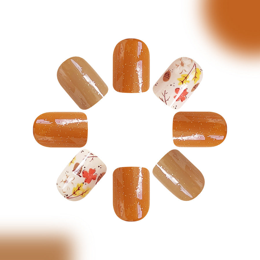 Autumn Harvest Square Press On Nail Set Short Brown Beige and Floral Design with Glitter Accents