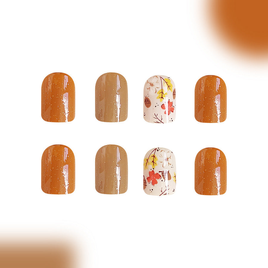 Autumn Bliss Short Square Warm Brown and Cream Press On Nail Set with Floral Accents