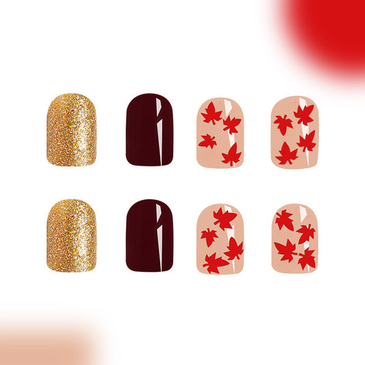 Autumn Elegance Long Square Glitter and Leaf Pattern Press On Nail Set in Gold Burgundy and Beige