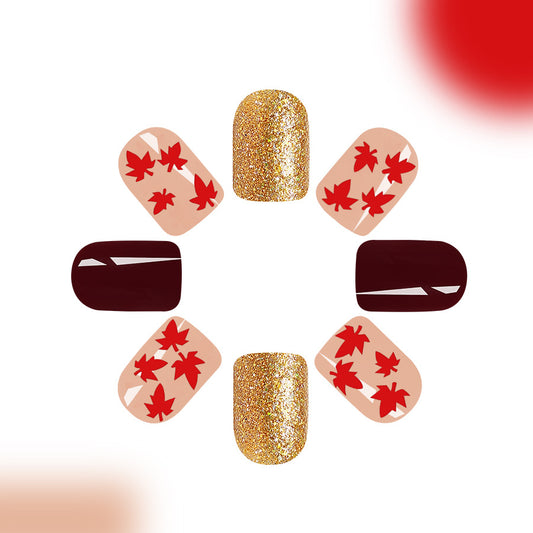 Autumn Elegance Long Almond Red Gold Glitter Press On Nail Set with Leaf Design