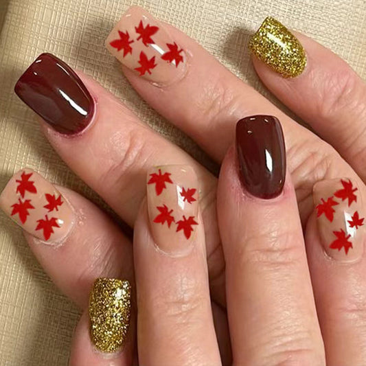 Autumn Elegance Long Square Burgundy Red and Gold Glitter Press On Nail Set with Leaf Design