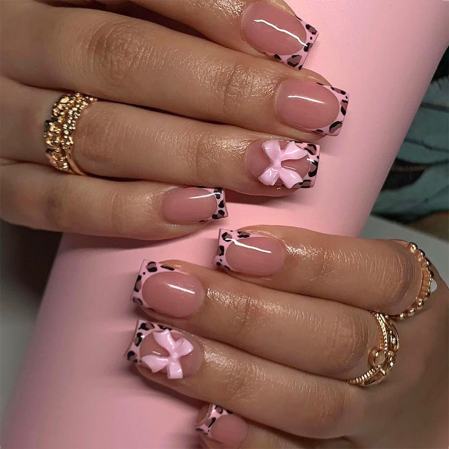 Chic Leopard Print Medium Square Pink Press On Nail Set with Bow Detail