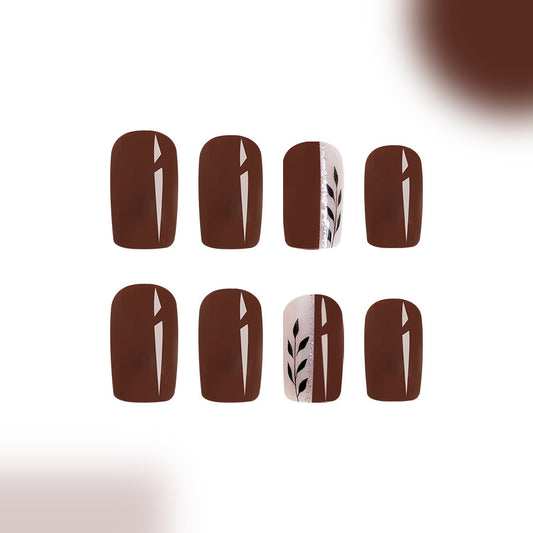 Autumn Elegance Press On Nail Set Short Square Dark Brown with Leaf Accent Design