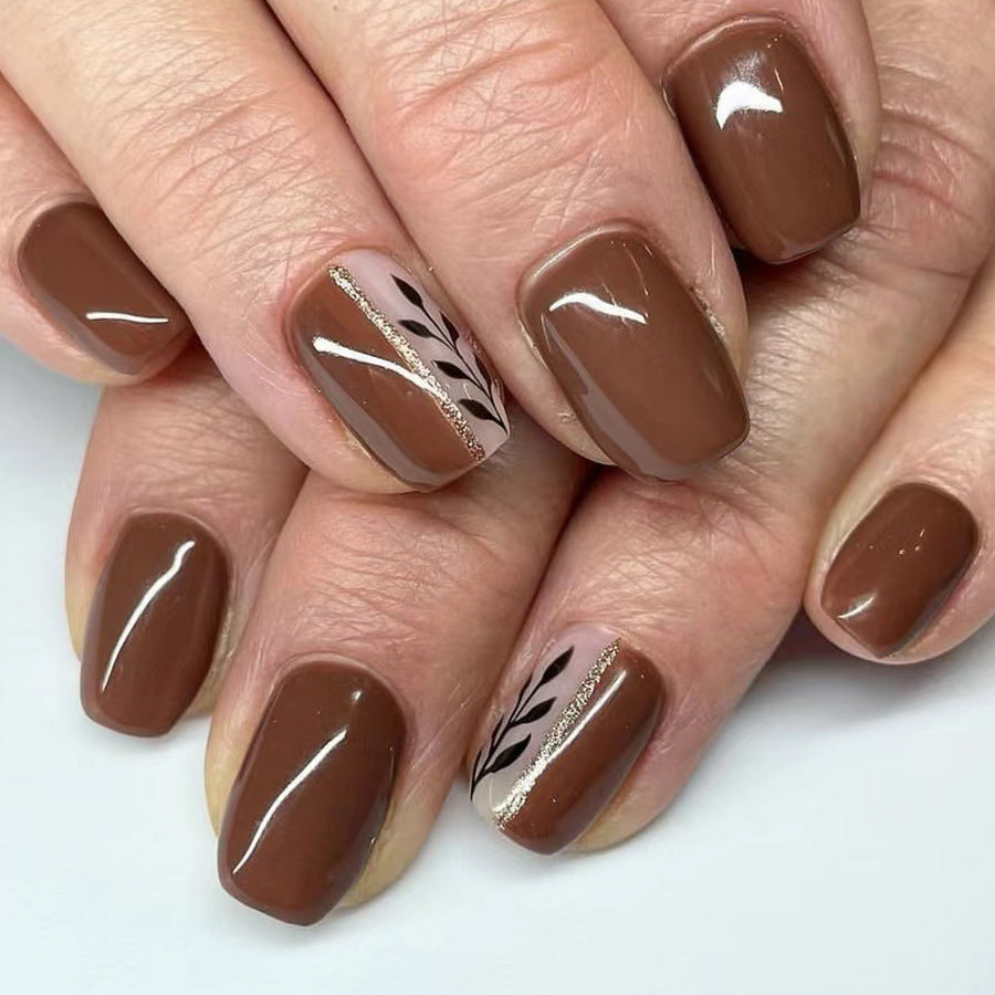 Elegant Forest Escape Short Square Brown Press On Nail Set with Leaf Design and Gold Accent