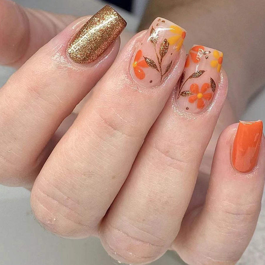 Autumn Blossom Medium Square Orange Floral Glitter Press On Nail Set
