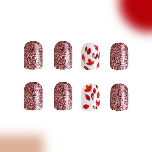 Sparkling Autumn Press On Nail Set Short Oval Burgundy with Leaf Design
