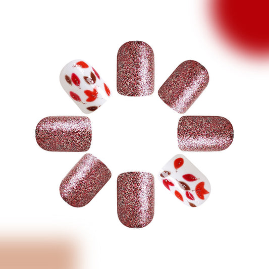 Romantic Rose Glimmer Short Oval Red and White Kiss Print Glitter Press On Nail Set
