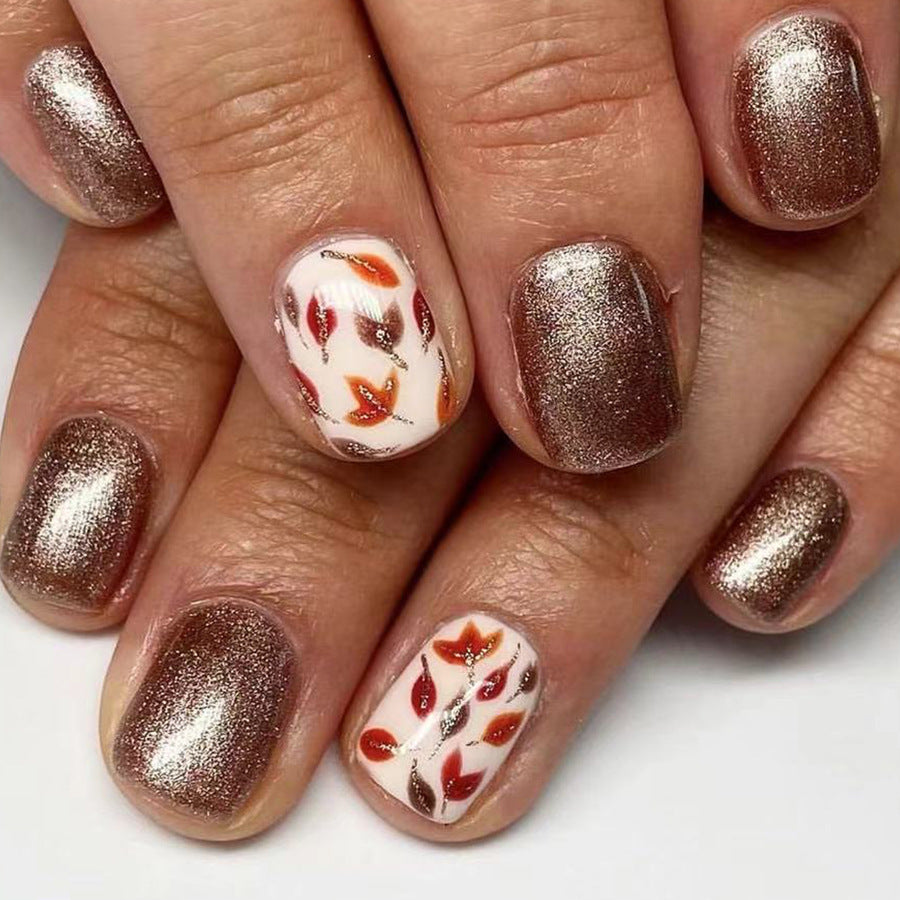 Autumn Elegance Short Square Glittery Bronze Press On Nail Set with Unique Leaf Design