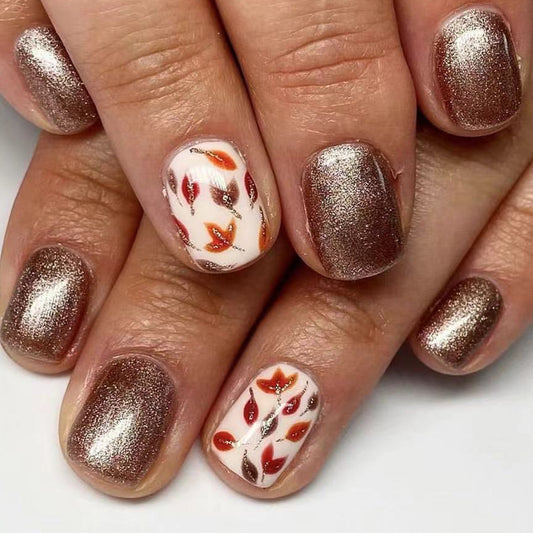 Autumn Elegance Short Square Glittery Bronze Press On Nail Set with Unique Leaf Design