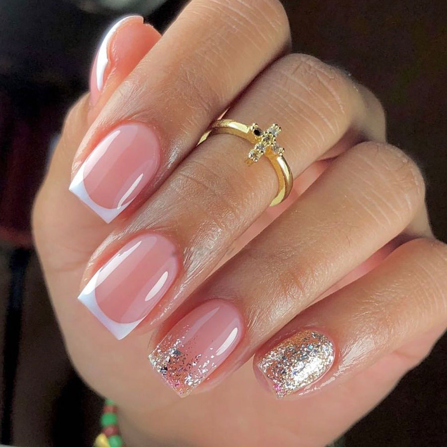 Glamorous French Tip Square Press On Nail Set Medium Pink and White with Eye-Catching Glitter Accent